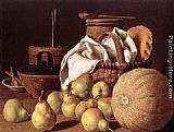 Luis Melendez Canvas Paintings - Still-Life with Melon and Pears